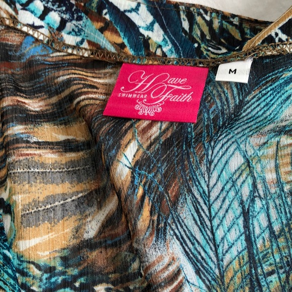 Swimsuit cover, teal peacock feathers. Drawstring at waist. Size Medium. - Picture 2 of 7